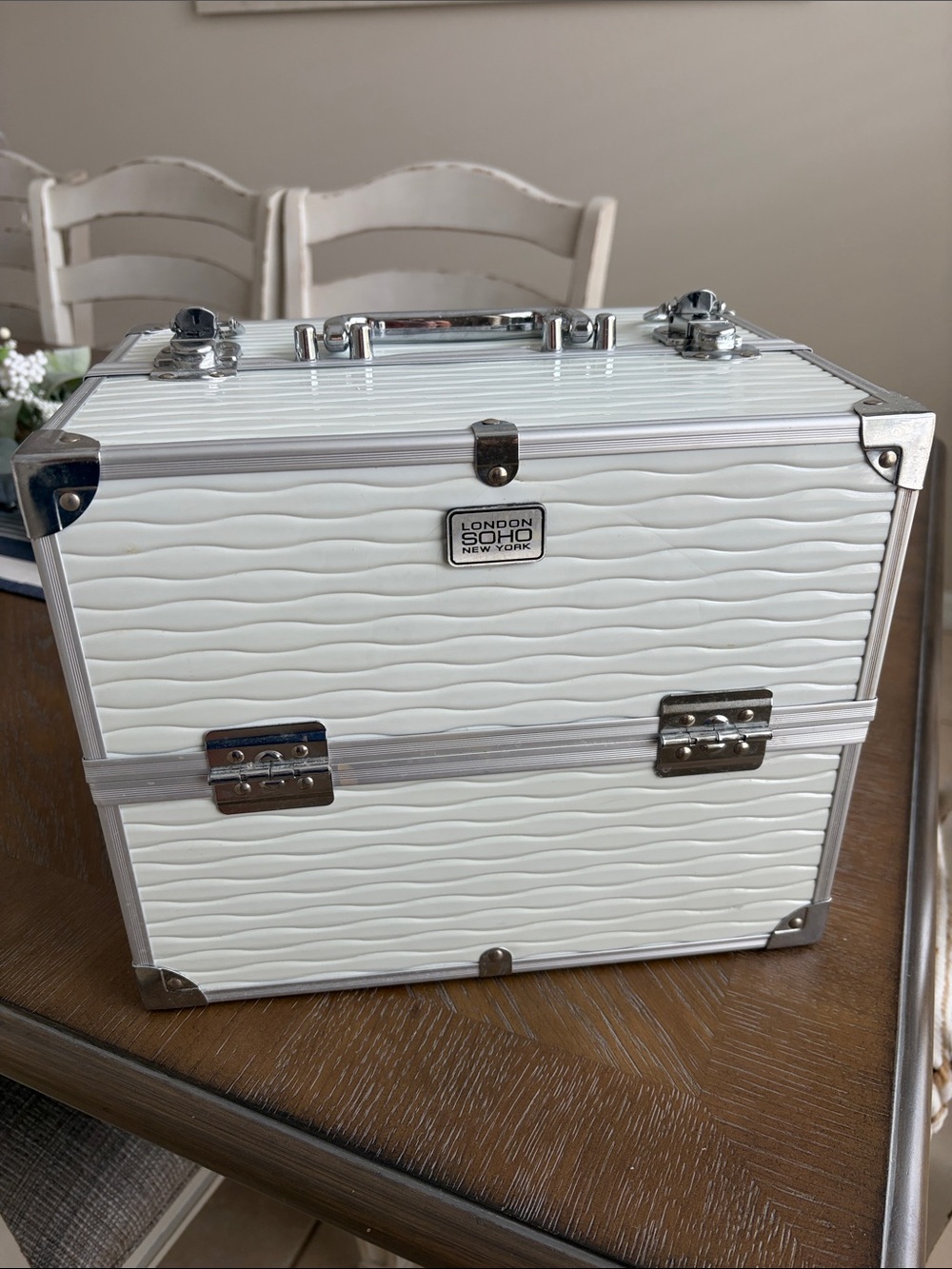 Soho White Makeup Train Case with Silver Hardware